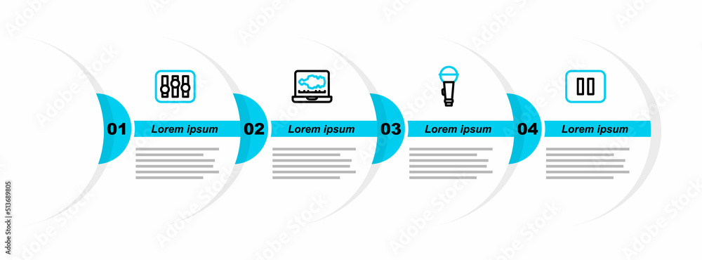 Poster set line pause button, microphone, sound or audio recorder and mixer controller icon. vector
