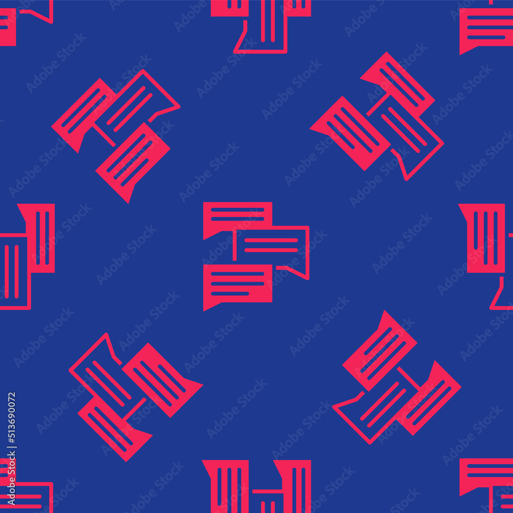 Poster red speech bubble chat icon isolated seamless pattern on blue background. message icon. communicatio