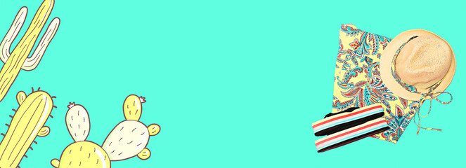 Contemporary minimal art collage banner. Tropical fashion beach style clothing. Vacation, Mexico, summer time concept