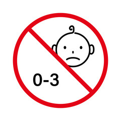 Forbidden Child Under Three Year Pictogram. Prohibit Not Suitable for Kid Red Stop Circle Symbol. Ban Baby Age 3 Years Black Line Icon. No Allowed Danger Toy Sign. Isolated Vector Illustration