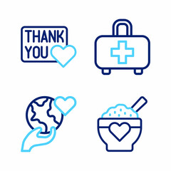 Set line Donation food, Hand holding Earth globe, First aid kit and Thank you with heart icon. Vector
