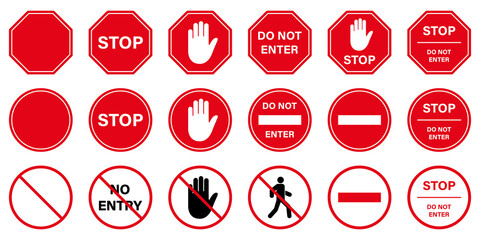 Do Not Enter Red Circle Symbol. Caution No Allowed Entry Stop Road Sign. Entrance Prohibited. Warning Palm Hand Ban Access Silhouette Icon. Forbidden Traffic Pictogram. Isolated Vector Illustration