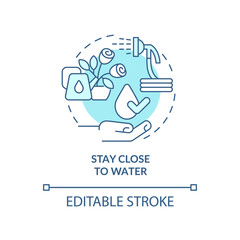 Stay close to water turquoise concept icon. Watering plants. Gardening recommendation abstract idea thin line illustration. Isolated outline drawing. Editable stroke. Arial, Myriad Pro-Bold fonts used
