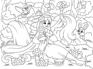 Fototapeta na wymiar Girl with long hair in the forest, nature and wild animals. Drawing for Adult coloring book.