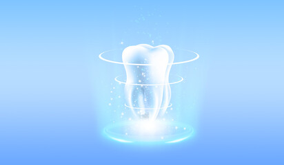 Tooth on blue background and space, concept of health care, 3d rendering