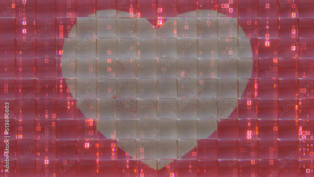 Poster heart shape and digital code behind glass tiles 3d render