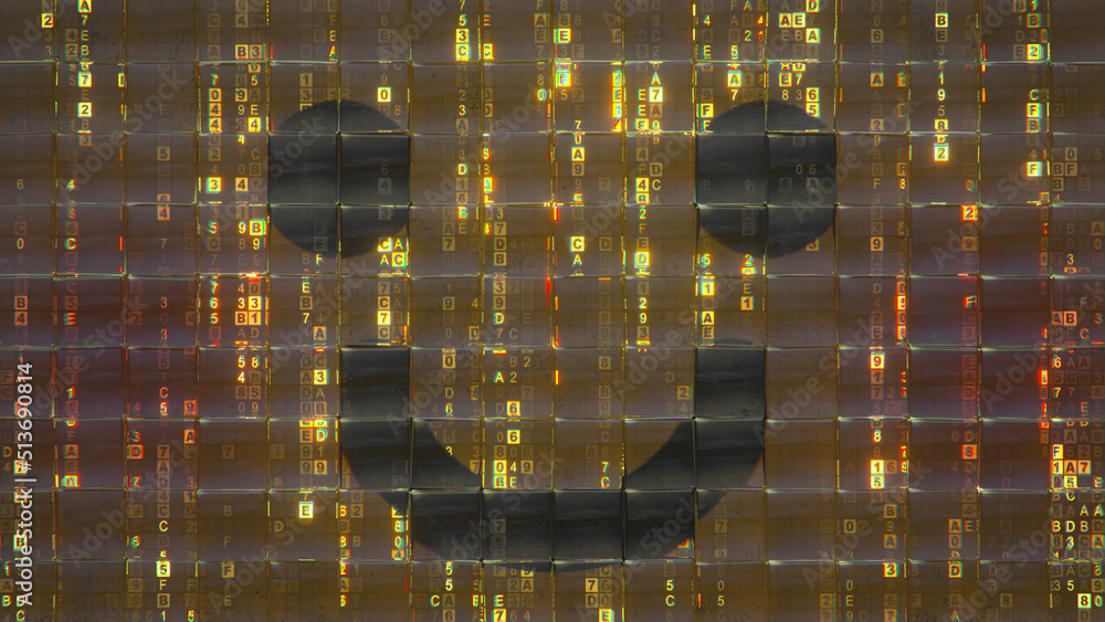 Poster smiling emoji and digital code behind glass tiles 3d render
