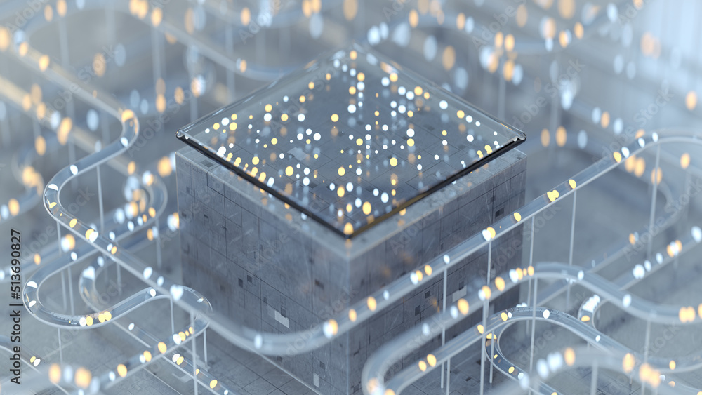 Poster futuristic technical plate processing signals 3d rendering illustration
