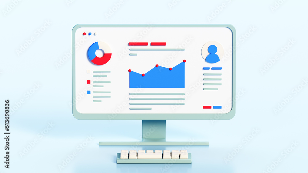 Poster online business analytics concept with charts and graphs 3d render