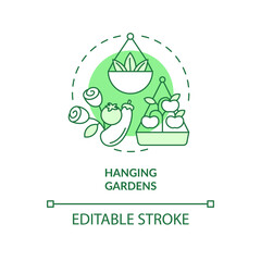 Hanging gardens green concept icon. Suspended baskets for planting. Gardening method abstract idea thin line illustration. Isolated outline drawing. Editable stroke. Arial, Myriad Pro-Bold fonts used