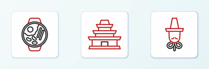 Set line Korean hat, Ramen and temple icon. Vector