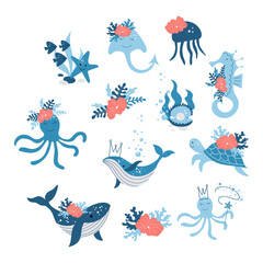 Cute Underwater Animals Vector Set, Baby Decorative Ocean Creatures