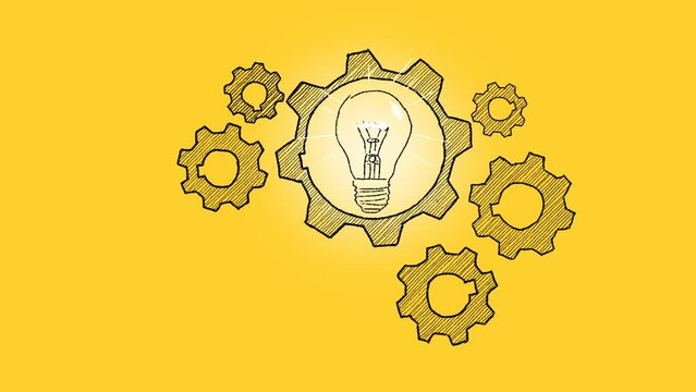 Human brain build out of cogs and gears. Animated Illustration on yellow background. Concept of idea.
