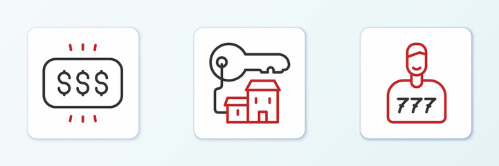 Set line Lucky player, Money prize in casino and Winning house with key icon. Vector