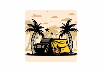 Camping tent in front of car between coconut tree illustration