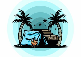 Fototapeta na wymiar Camping tent in front of car between coconut tree illustration