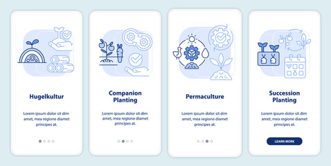 Fototapeta na wymiar Methods of gardening light blue onboarding mobile app screen. Planting walkthrough 4 steps editable graphic instructions with linear concepts. UI, UX, GUI template. Myriad Pro-Bold, Regular fonts used