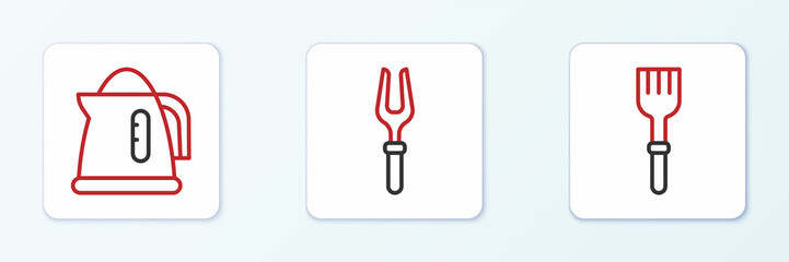 Set line Fork, Electric kettle and Barbecue fork icon. Vector