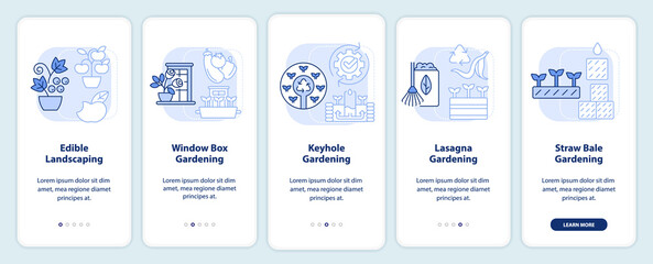 Ideas for gardeners light blue onboarding mobile app screen. Walkthrough 5 steps editable graphic instructions with linear concepts. UI, UX, GUI template. Myriad Pro-Bold, Regular fonts used