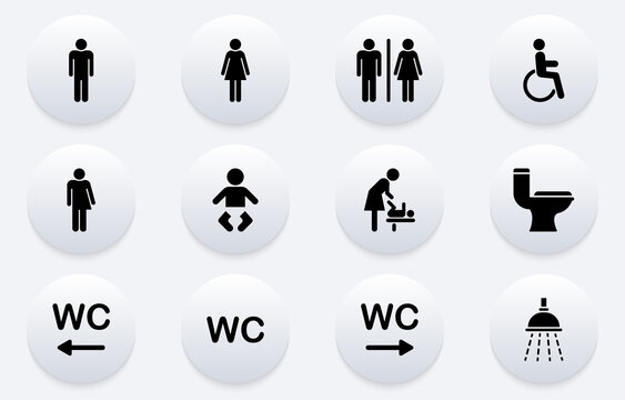 Set of Toilet Silhouette Icon. WC Sign on Door for Public Toilet. Sign of Washroom for Male, Female and Children. Mother and Baby Room Icon. Symbols Restroom. Vector Illustration