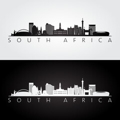 Fototapeta premium South Africa skyline and landmarks silhouette, black and white design, vector illustration.