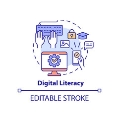 Digital literacy concept icon. Important life skill abstract idea thin line illustration. Educational technology. Isolated outline drawing. Editable stroke. Arial, Myriad Pro-Bold fonts used