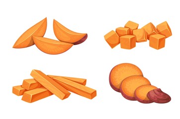 Sweet potato slices set, vegetable and food ingredient for cooking vector illustration. Cartoon isolated chopped pieces, wedges and cubes of yellow batat root, sliced raw potato tuber for frying