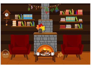 A cozy room in a forest hut. Vector illustration on the theme of the interior.