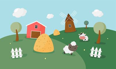 Farm landscape. Vector illustration in cartoon style.