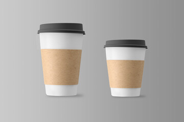 Two size of paper coffee cups take away, latte or cappuccino and americano disposable coffee cups to go. mockup isolated on a grey background. 3d rendering. zero waste and eco friendly.