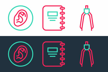 Set line Drawing compass, Ear listen sound signal and Notebook icon. Vector
