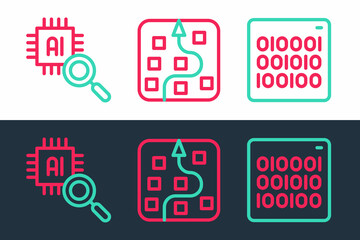 Set line Binary code, Processor CPU and Neural network icon. Vector