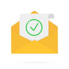 Yellow envelope, new mail with sheet of paper and green tick. Flat design illustration