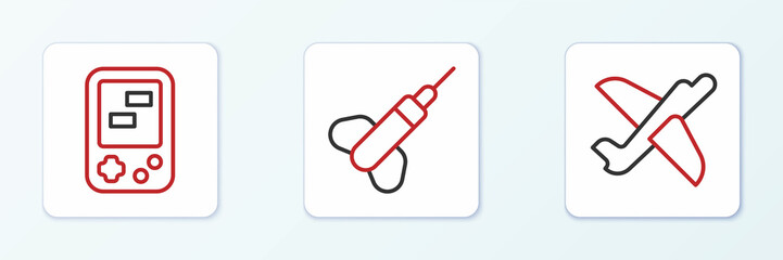 Set line Toy plane, Tetris electronic game and Dart arrow icon. Vector