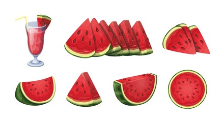Watermelon set vector illustration. Cartoon isolated fresh slices and wedges of summer healthy big berry, ripe red watermelon pieces with seeds and green peel, juicy tropical smoothie in glass