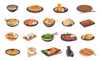Japanese cuisine set, Asian food vector illustration. Cartoon isolated wooden chopsticks and bowls with cooked ramen and udon noodle, sushi and rolls, collection of restaurant lunch menu from Japan