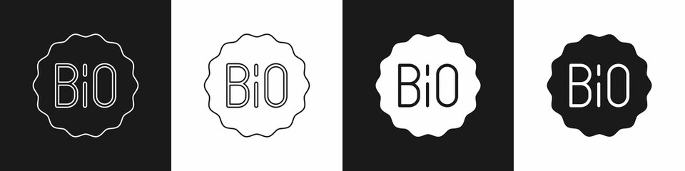 Set Banner, label, tag, logo for bio green healthy food icon isolated on black and white background. Organic product. Healthy food sticker. Vector