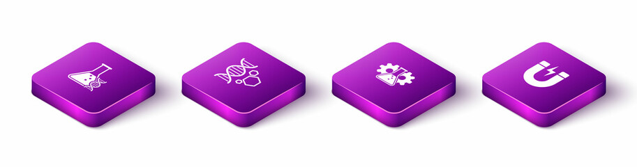 Set Isometric DNA research, search, Genetic engineering, Bioengineering and Magnet with lightning icon. Vector
