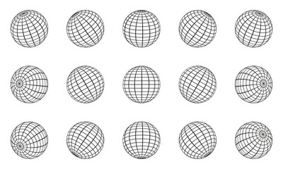 Globe Grid Sphere Set. 3D Wire Global Earth Latitude, Longitude. Geometric Grid Globe. Wired Line 3D Planet Globe. Round Grid Mesh Ball. Wireframe Globe Surface. Isolated Vector Illustration