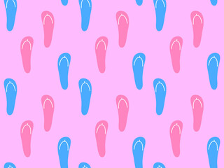 Beach flip flops seamless pattern. Multicolored flip-flops on a pink background. Summer time. Design for print, banners and advertising products. Vector illustration