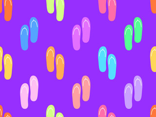 Beach flip flops seamless pattern. Multicolored flip-flops on a violet background. Summer time. Design for print, banners and advertising products. Vector illustration