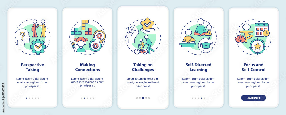 Poster skills for kids onboarding mobile app screen. children development walkthrough 5 steps editable grap