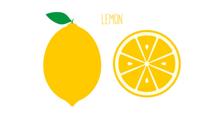 Ripe lemon with leaf outside and cut isolated on white. Colored fruit icon. Vector illustration.