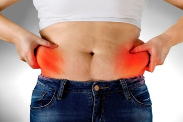 Woman with big belly have stomach pain risk  Hyperglycemia concept of the dangers of obesity.