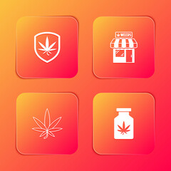 Set Shield and marijuana, Marijuana cannabis store, leaf and Medical bottle with icon. Vector