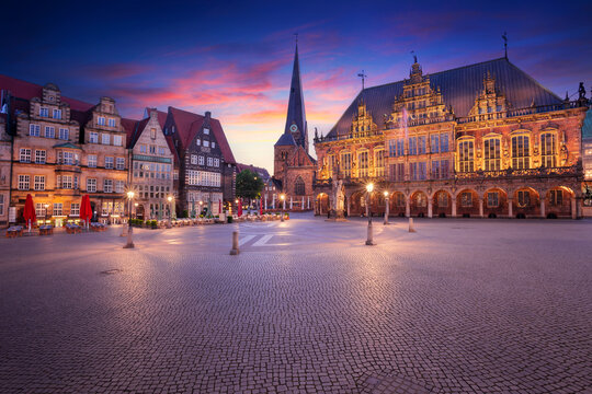 Bremen, Germany. Cityscape image of Hanseatic City of Bremen, Germany with historic Market Square and Town Hall at summer sunrise.