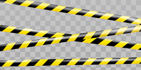 Realistic crossing caution tape of warning signs for crime scene or construction area in yellow. Police line and do not cross ribbon. Warning danger tape. Ribbons for accident, under construction