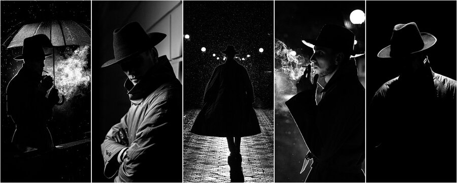 Collage of photos in noir style with a man in raincoat and hat in the rain with an umbrella with a cigarette in night city