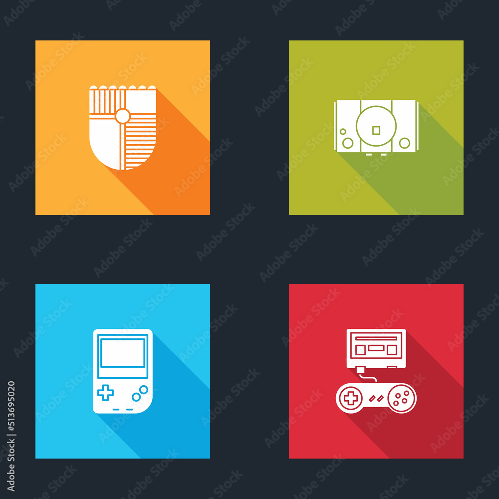 Poster set shield for game, video console, portable video and game with joystick icon. vector