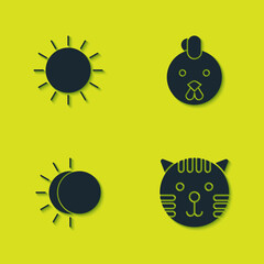 Set Sun, Tiger zodiac, Eclipse of the sun and Rooster icon. Vector